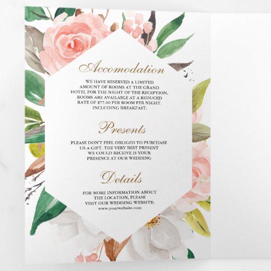 Rustige Blush Pink Floral Gold QR Code Weddenschap Drieluik Uitnodiging (Binnenzijde eerst)
