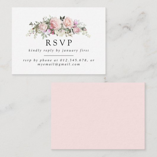 Rustige Blush Pink Floral Phone of Email RSVP Informatiekaartje (Voorkant / Achterkant)