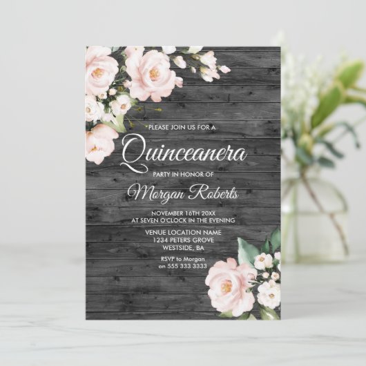 Rustige Blush Pink & White Floral Quinceanera Part Kaart (Staand voorkant)