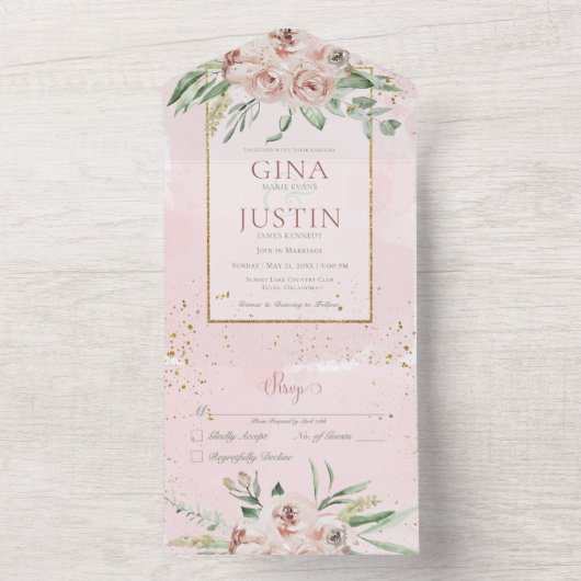 Rustige Blush Roses Gold Accents No Dinner All In One Uitnodiging (Binnen)