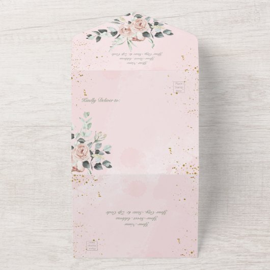 Rustige Blush Roses Gold Accents QR Code All In One Uitnodiging (Buitenkant)