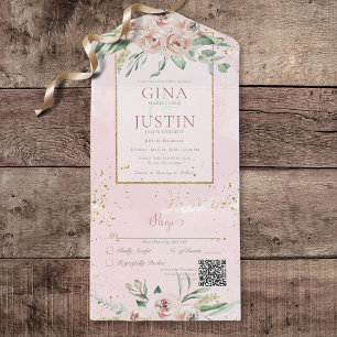 Rustige Blush Roses Gold Accents QR Code All In One Uitnodiging