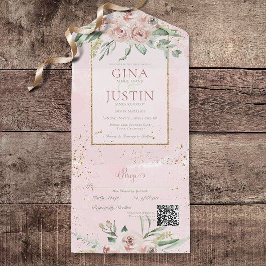 Rustige Blush Roses Gold Accents QR Code All In One Uitnodiging