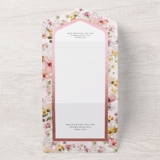 Rustige Blush Roze Wildbloemen QR-code All In One Uitnodiging (Buitenkant)