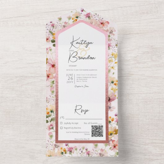 Rustige Blush Roze Wildbloemen QR-code All In One Uitnodiging (Binnen)