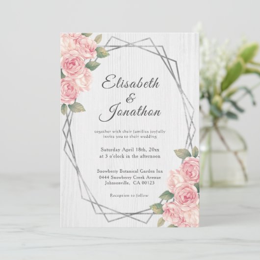 Rustige Blush Rozen White Wood Geometric Wedding Kaart (Staand voorkant)