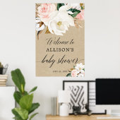 Rustige, blush white floral baby shower welkomstte poster (Thuiskantoor)