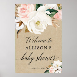 Rustige, blush white floral baby shower welkomstte poster