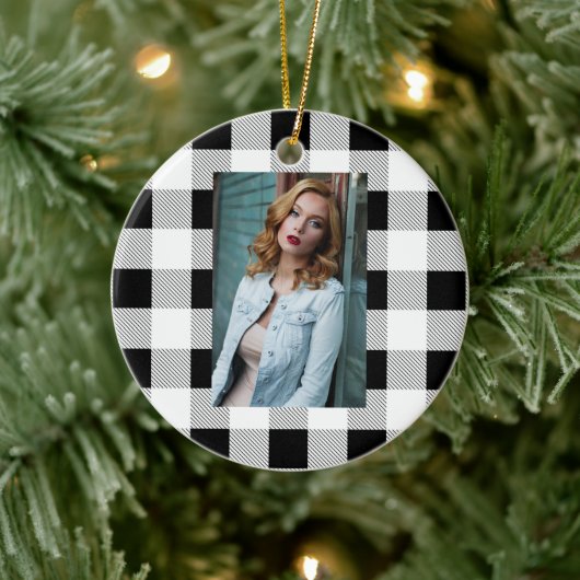 rustige boerderij chic black and white plaid keramisch ornament (Boom)