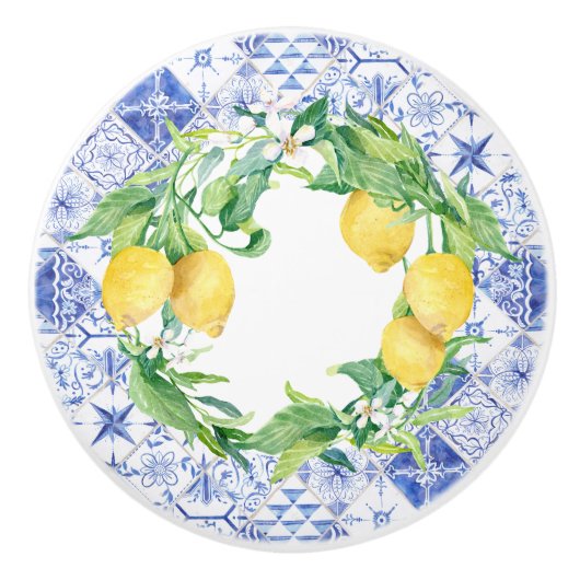 Rustige  boerderij Lemon Blue White Tiles Keramische Knop (Voorkant)