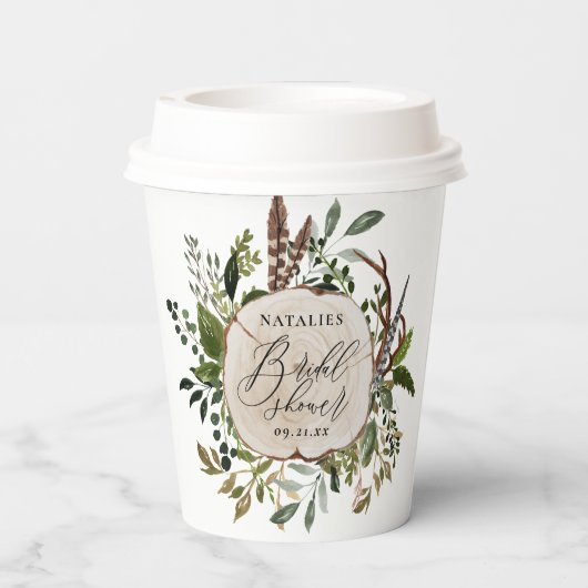 Rustige boerderijschors botanisch vrijgezellenfees papieren bekers (Achterkant)