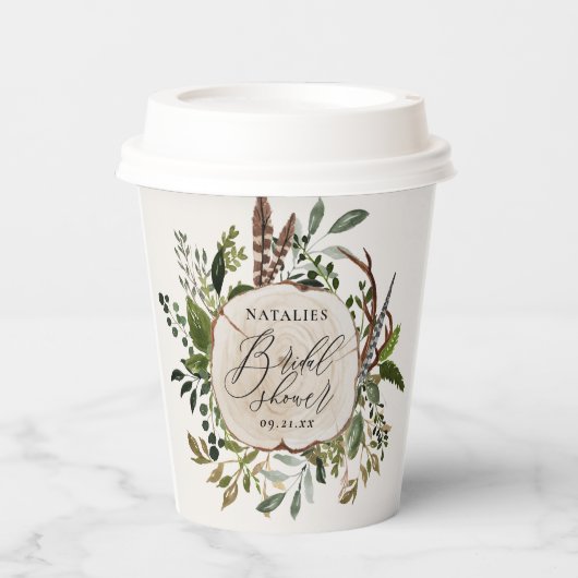 Rustige boerderijschors botanisch vrijgezellenfees papieren bekers (Voorkant)