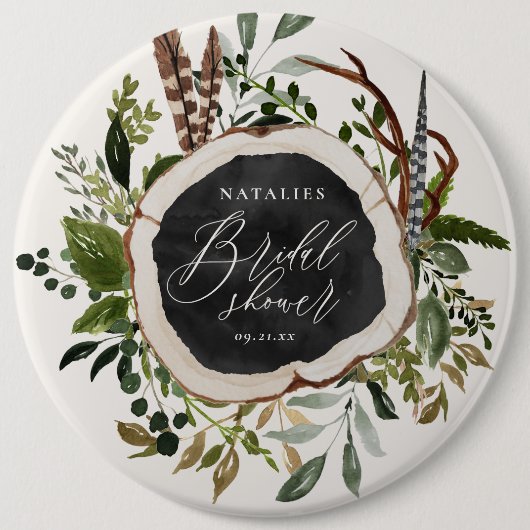 Rustige boerderijschors botanisch vrijgezellenfees ronde button 6,0 cm (Voorkant)