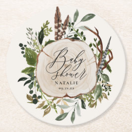 Rustige boerderijschors botanische baby shower chi ronde kartonnen onderzetter