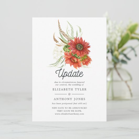 Rustige Bohemian Red Sunflower Wedding Update Kaart (Staand voorkant)