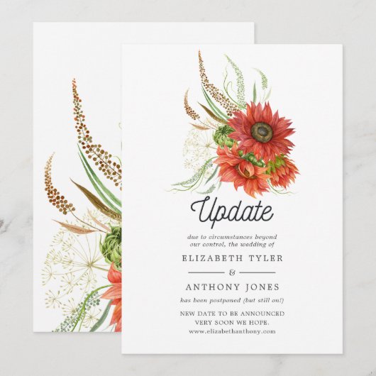 Rustige Bohemian Red Sunflower Wedding Update Kaart (Voorkant / Achterkant)