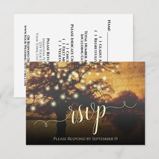 Rustige bomen en lights Golden Faux Parchment Wedd RSVP Kaartje (Voorkant / Achterkant)