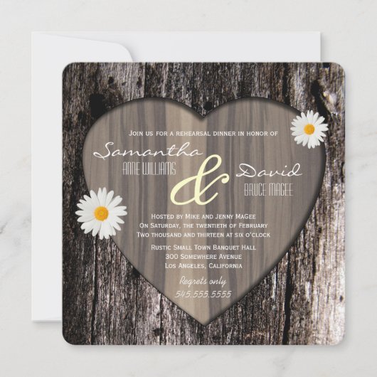 Rustige boomschors Heart en Daisy Rehearsal Dinner Kaart (Voorkant)