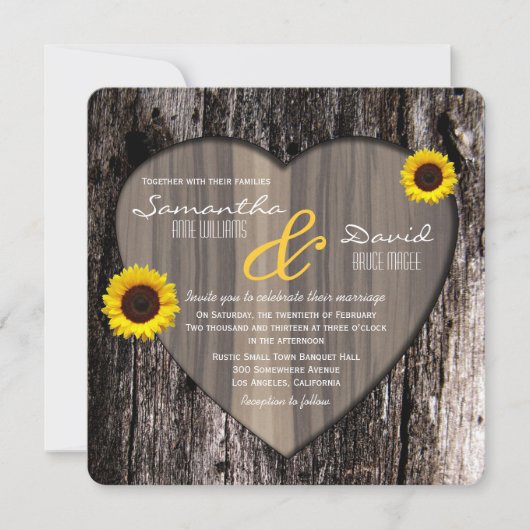 Rustige boomschors Heart en Sunflower Wedding Kaart (Voorkant)