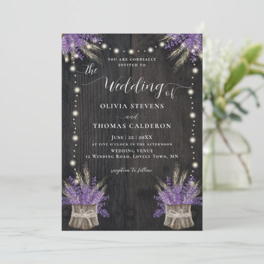 Rustige boomschors lavender Wheat Lights bruiloft Kaart (Staand voorkant)