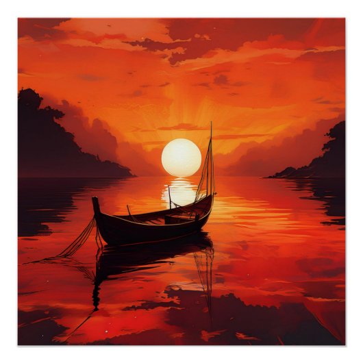 Rustige boot in Fiery Sunset - Serene Natuur Art Perfect Poster (Voorkant)
