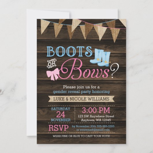 Rustige Boots of bows Gender onthulling Baby showe Kaart (Voorkant)