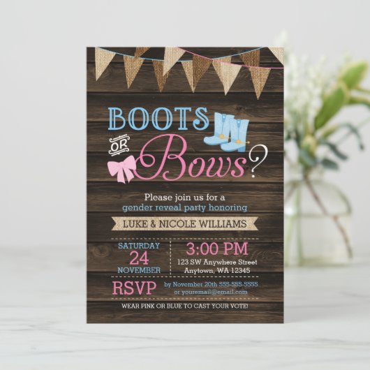 Rustige Boots of bows Gender onthulling Baby showe Kaart (Staand voorkant)
