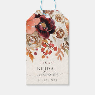 Rustige bordeaux bloemrijke herfst bruidsdouche cadeaulabel