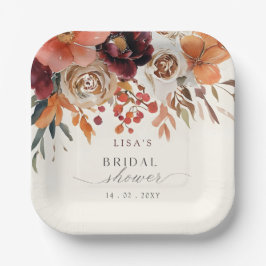 Rustige bordeaux bloemrijke herfst bruiloftsborrel papieren bordje