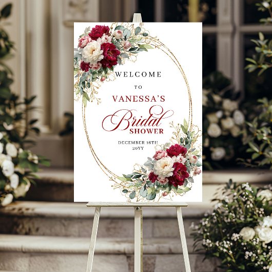 Rustige bordeauxkleurige bloemengroene bruiloftbor poster