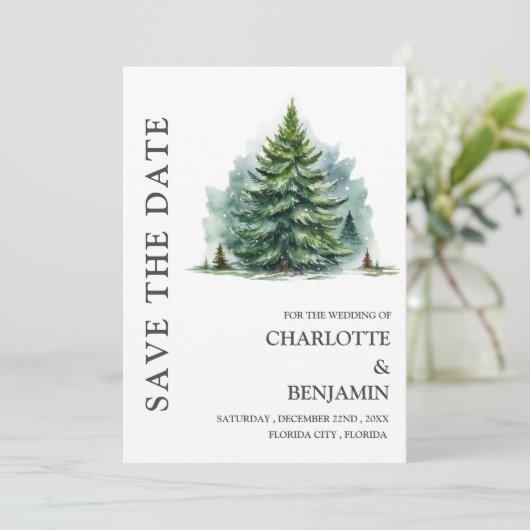 Rustige bos winter huwelijksfoto save the date (Staand voorkant)