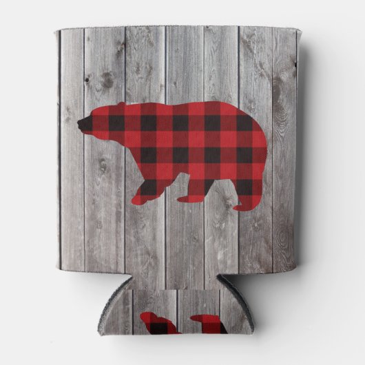 Rustige bosgrond beer met rode buffelplaat blikjeskoeler (Voorkant)