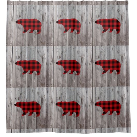 Rustige bosgrond beer met rode buffelplaat douchegordijn (Voorkant)