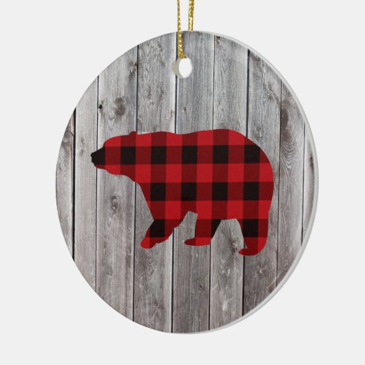 Rustige bosgrond beer met rode buffelplaat keramisch ornament (Links)