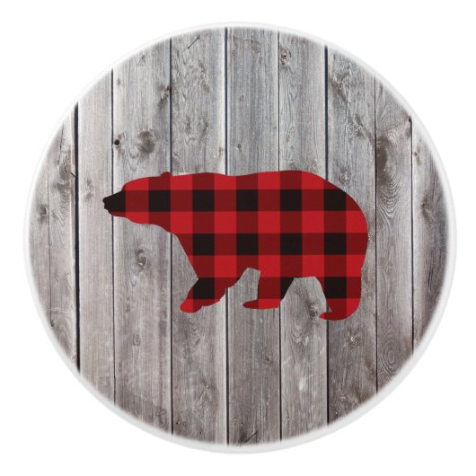 Rustige bosgrond beer met rode buffelplaat keramische knop (Voorkant)