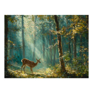 Rustige bosontginning met een hert grazen perfect poster
