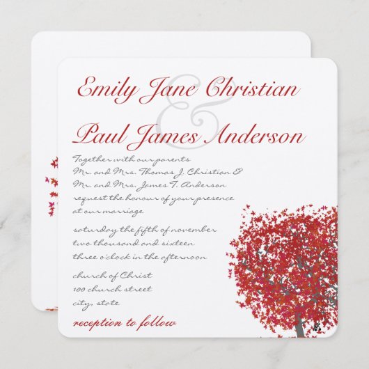 Rustige bosrode bomen bruiloft kaart (Voorkant / Achterkant)