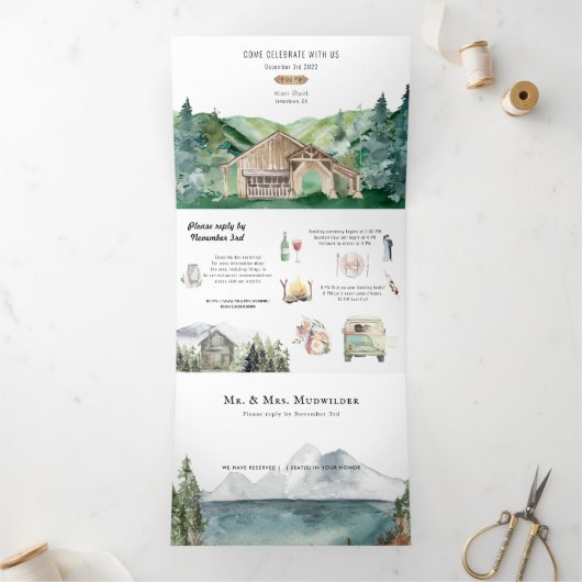Rustige Bossen Barn Wedding | Tri-Fold-uitnodiging Drieluik Uitnodiging (Binnen)