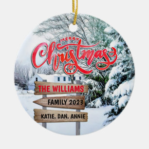 Rustige bossen met kerstwintersneeuwbos keramisch ornament