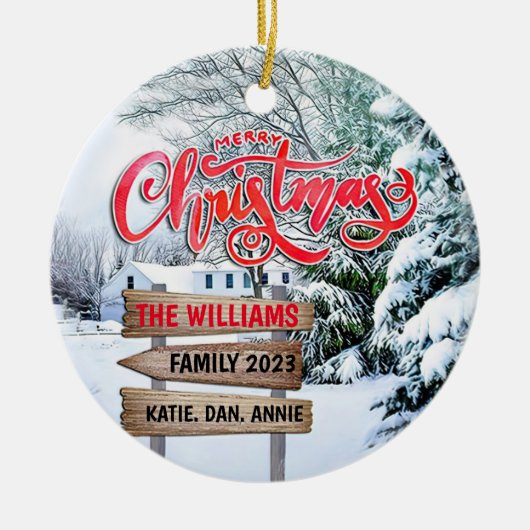 Rustige bossen met kerstwintersneeuwbos keramisch ornament (Voorkant)