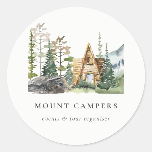 Rustige Bossen Waterverf Camping Mountain Camp Ronde Sticker (Voorkant)