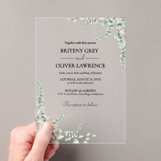 Rustige botanische Eucalyptus Greenery Wedding Acryl Uitnodigingen (Insitu (Draagbaar))