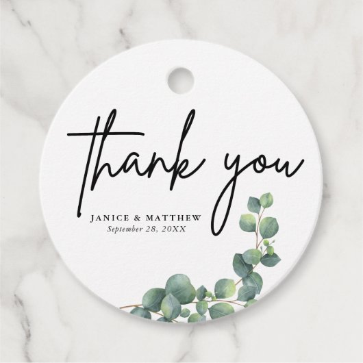 Rustige botanische Eucalyptus Greenery Wedding Bedankjes Labels (Voorkant)