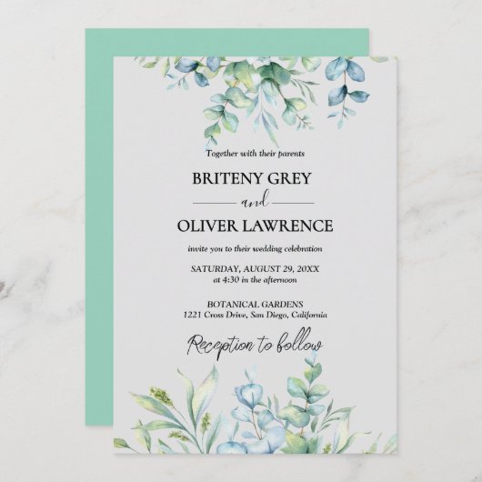 Rustige botanische Eucalyptus Greenery Wedding Kaart (Voorkant / Achterkant)