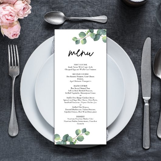 Rustige botanische Eucalyptus Greenery Wedding Menu