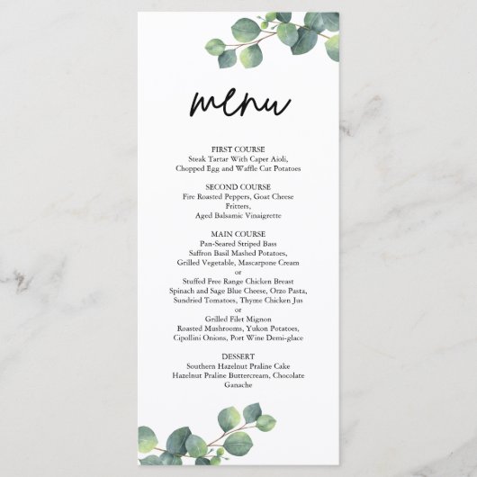 Rustige botanische Eucalyptus Greenery Wedding Menu (Voorkant)