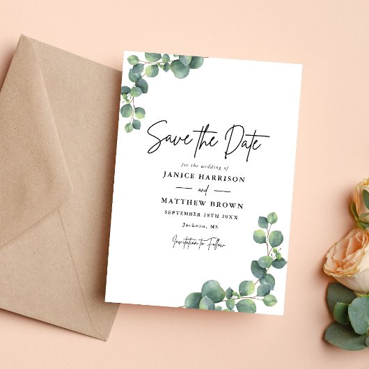 Rustige botanische Eucalyptus Greenery Wedding Save The Date