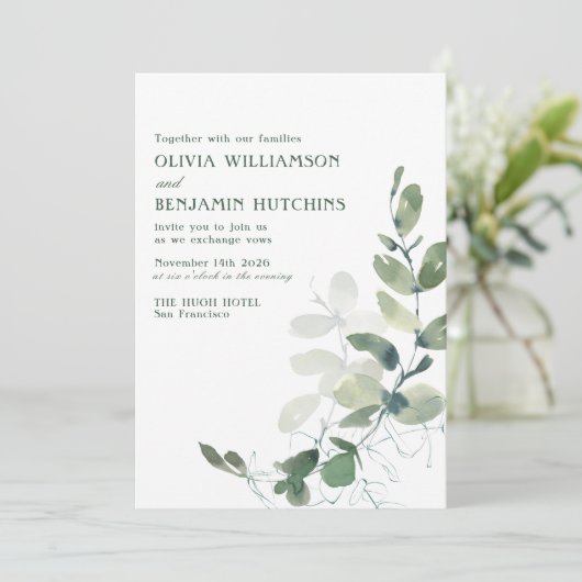 Rustige Botanische Eucalyptus Wedding Website Kaart (Staand voorkant)
