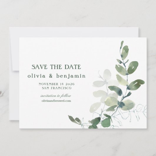 Rustige botanische eucalyptusbruiloft save the date (Voorkant)