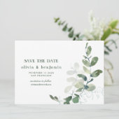 Rustige botanische eucalyptusbruiloft save the date (Staand voorkant)